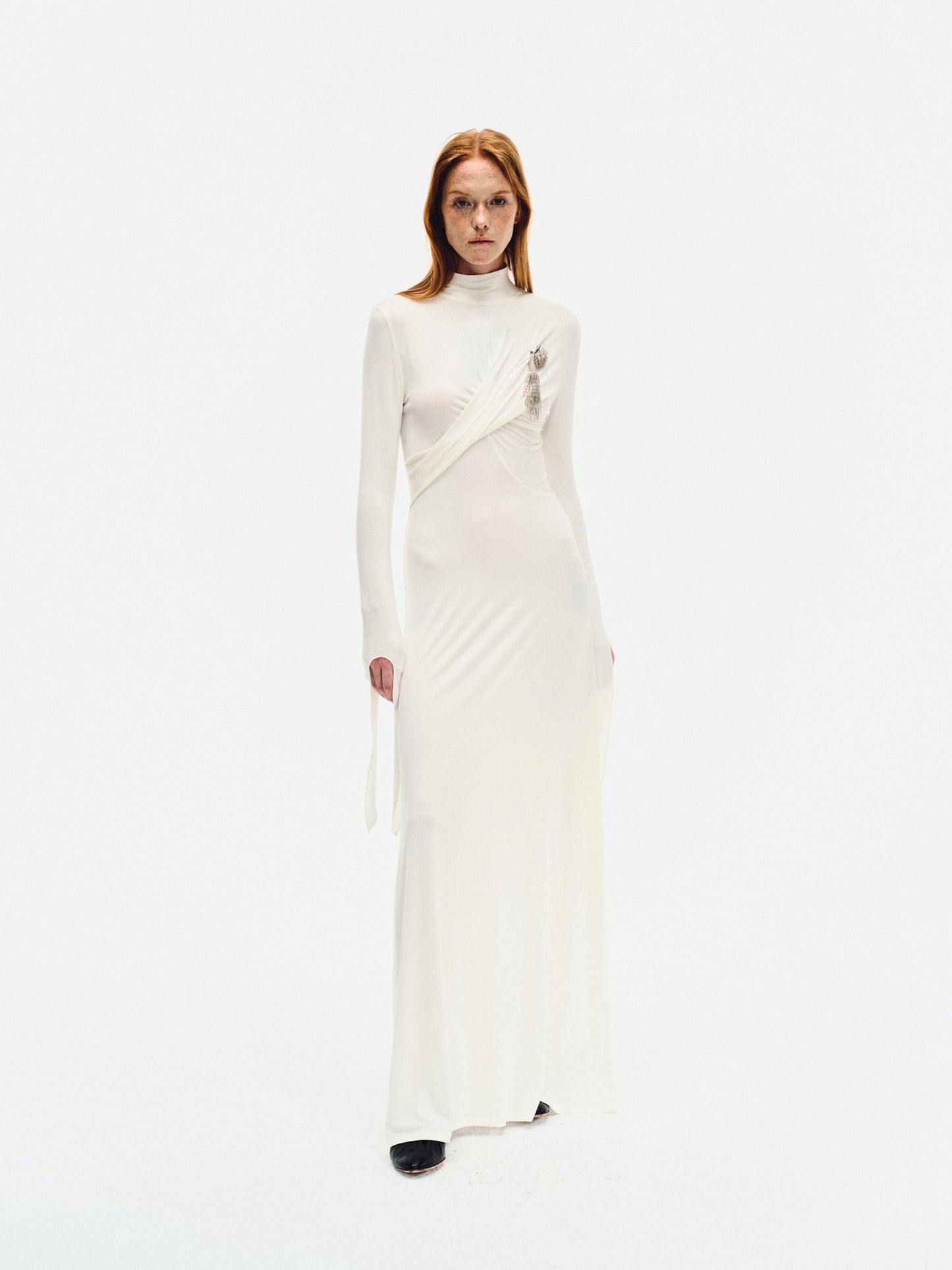 WHITE DRAPED JERSEY MAXI DRESS