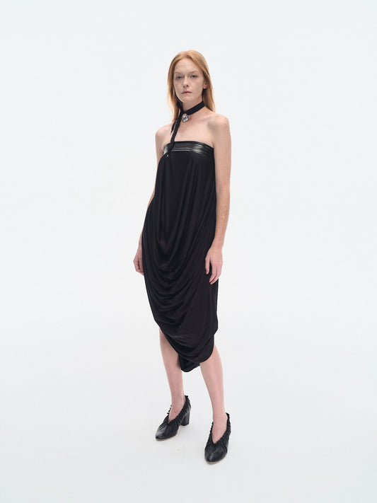 BLACK STRETCH JERSEY DRAPED TUBE DRESS