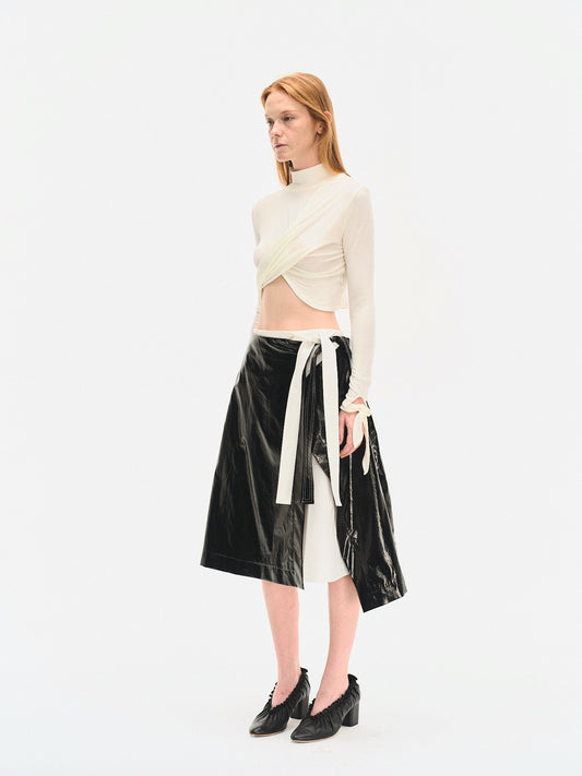 BLACK GLOSSY COTTON-COATED WRAP SKIRT