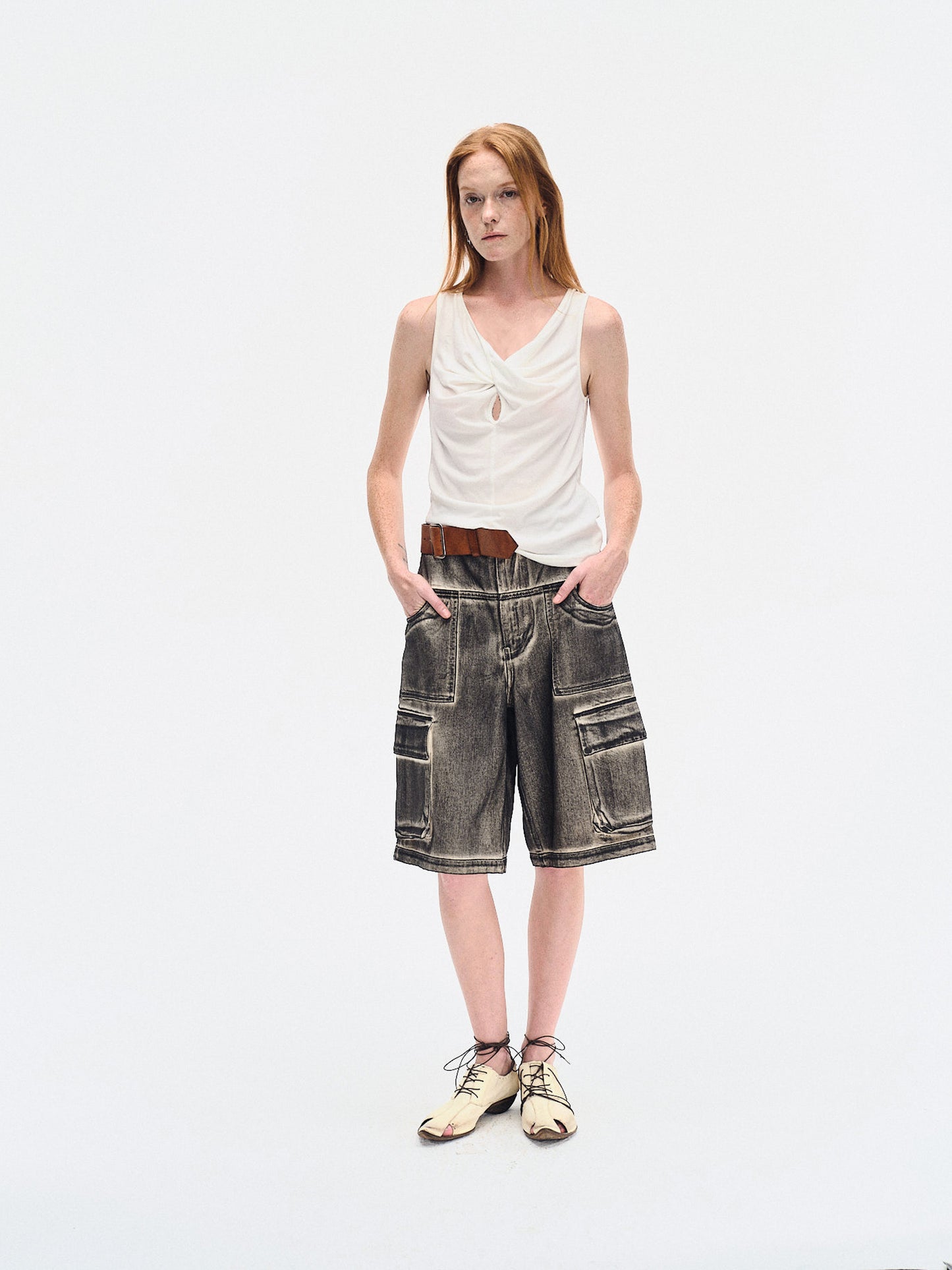 HAND BRUSHED BLACK DENIM CARGO SHORTS