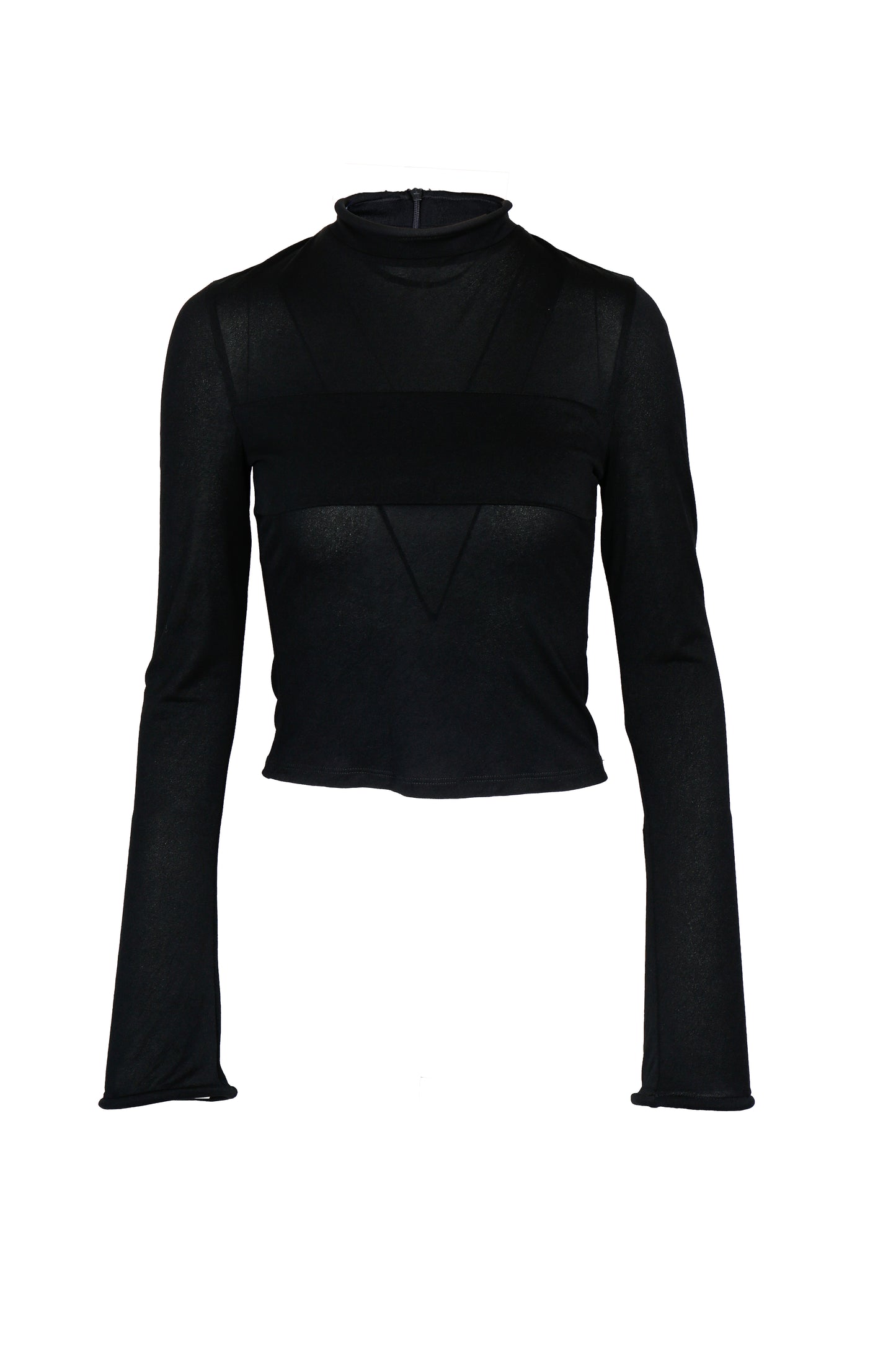 BLACK STRETCH MESH PANEL LONG-SLEEVE TOP