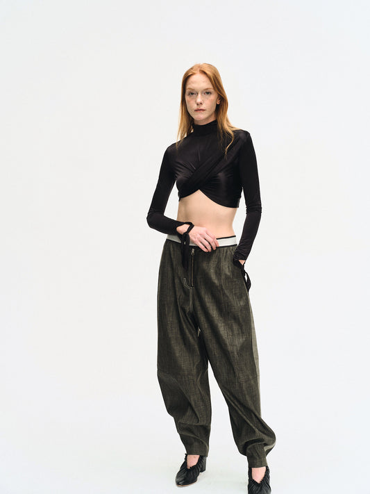 BLACK DRAPED JERSEY CROP TOP