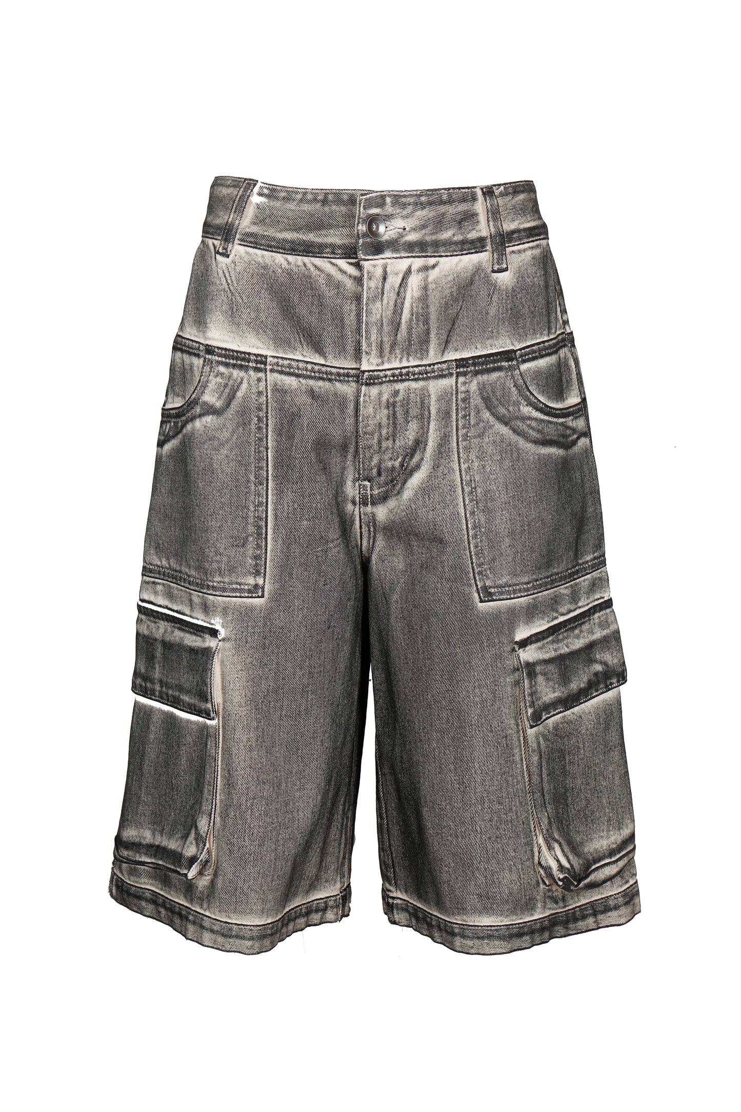 HAND BRUSHED BLACK DENIM CARGO SHORTS