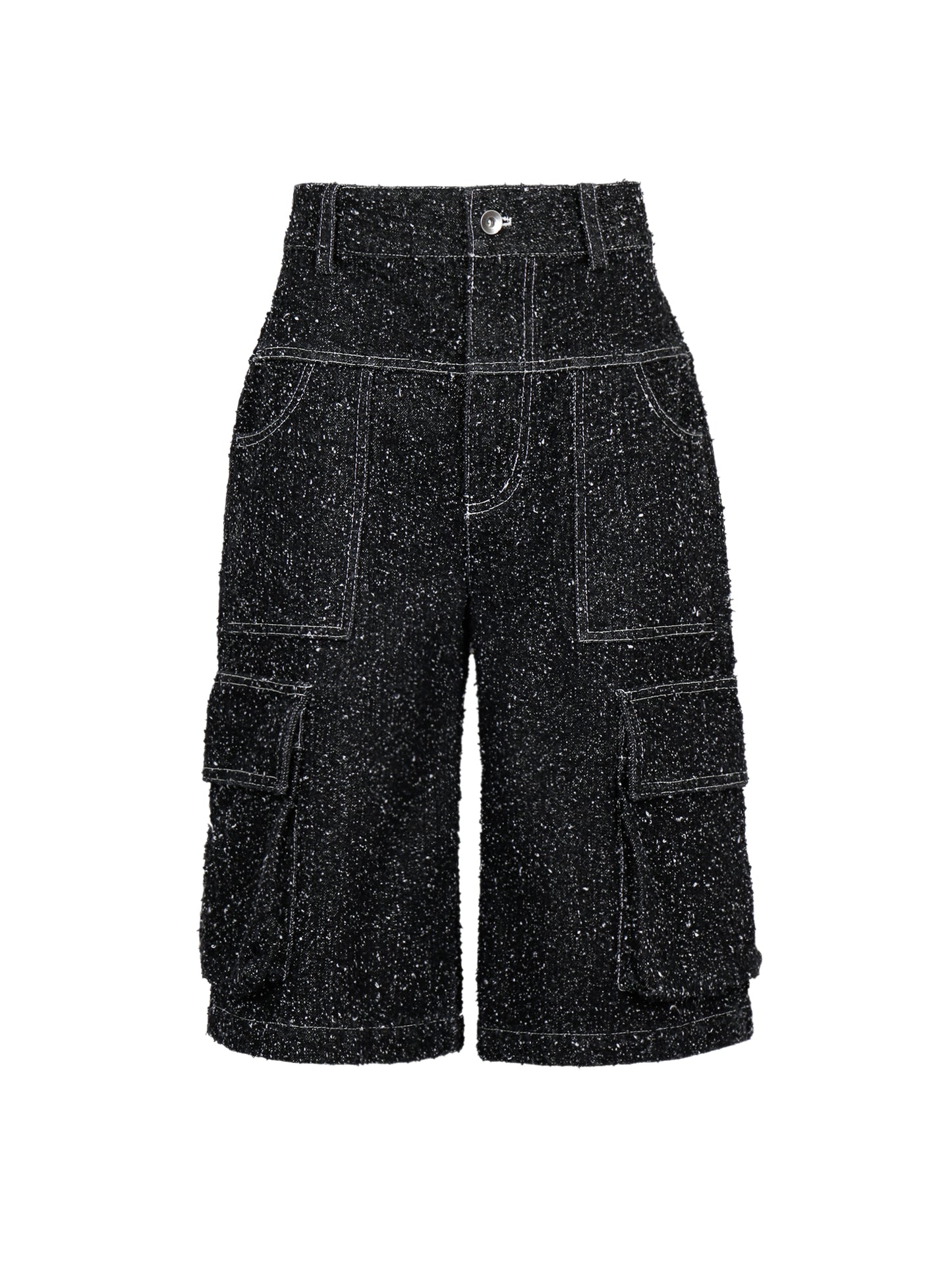 ENZYME-WASHED BLACK DENIM CARGO SHORTS