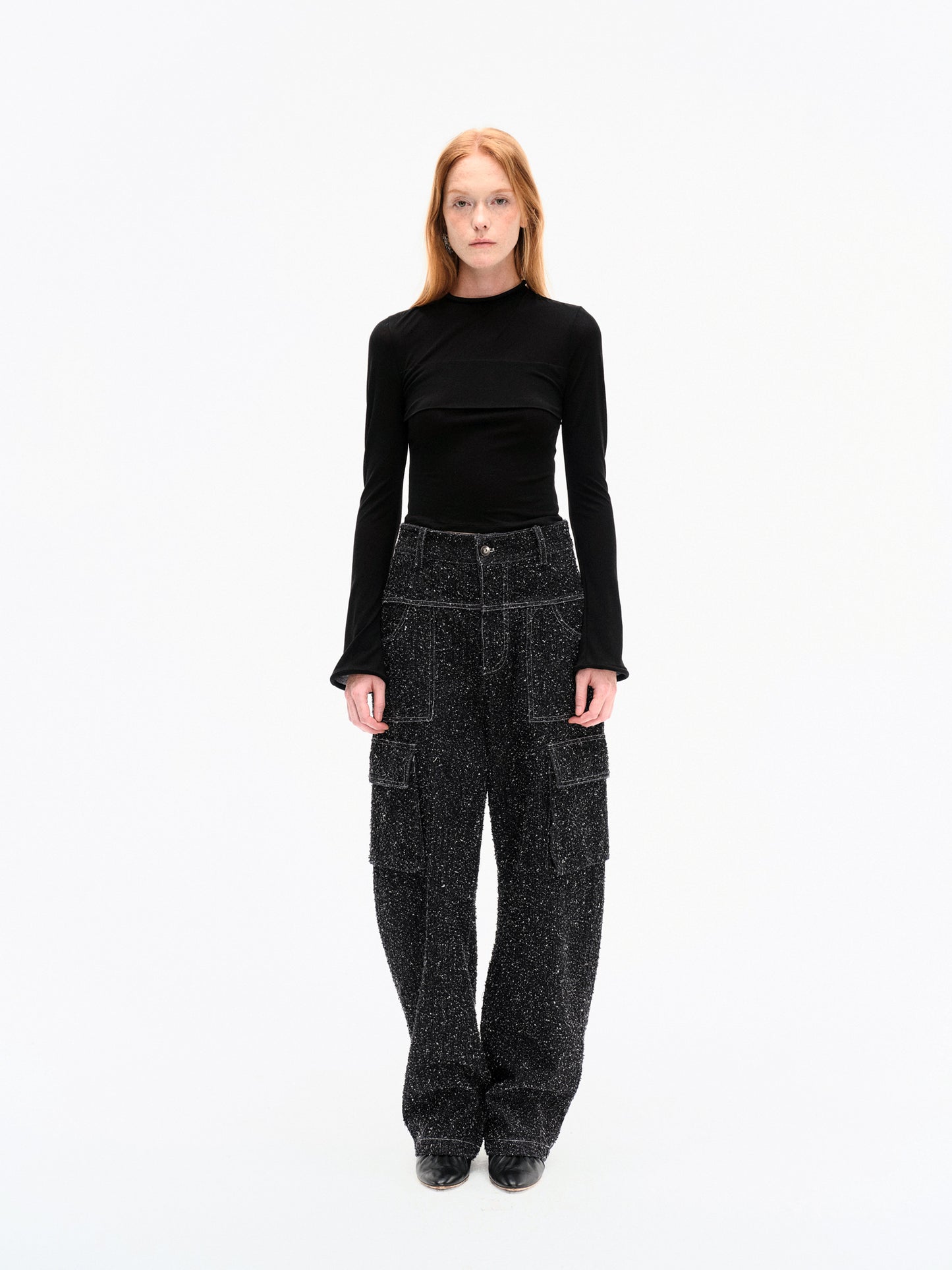 BLACK STRETCH MESH PANEL LONG-SLEEVE TOP