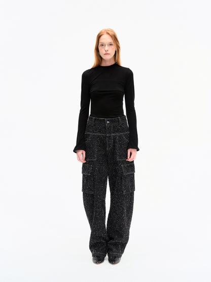 BLACK STRETCH MESH PANEL LONG-SLEEVE TOP