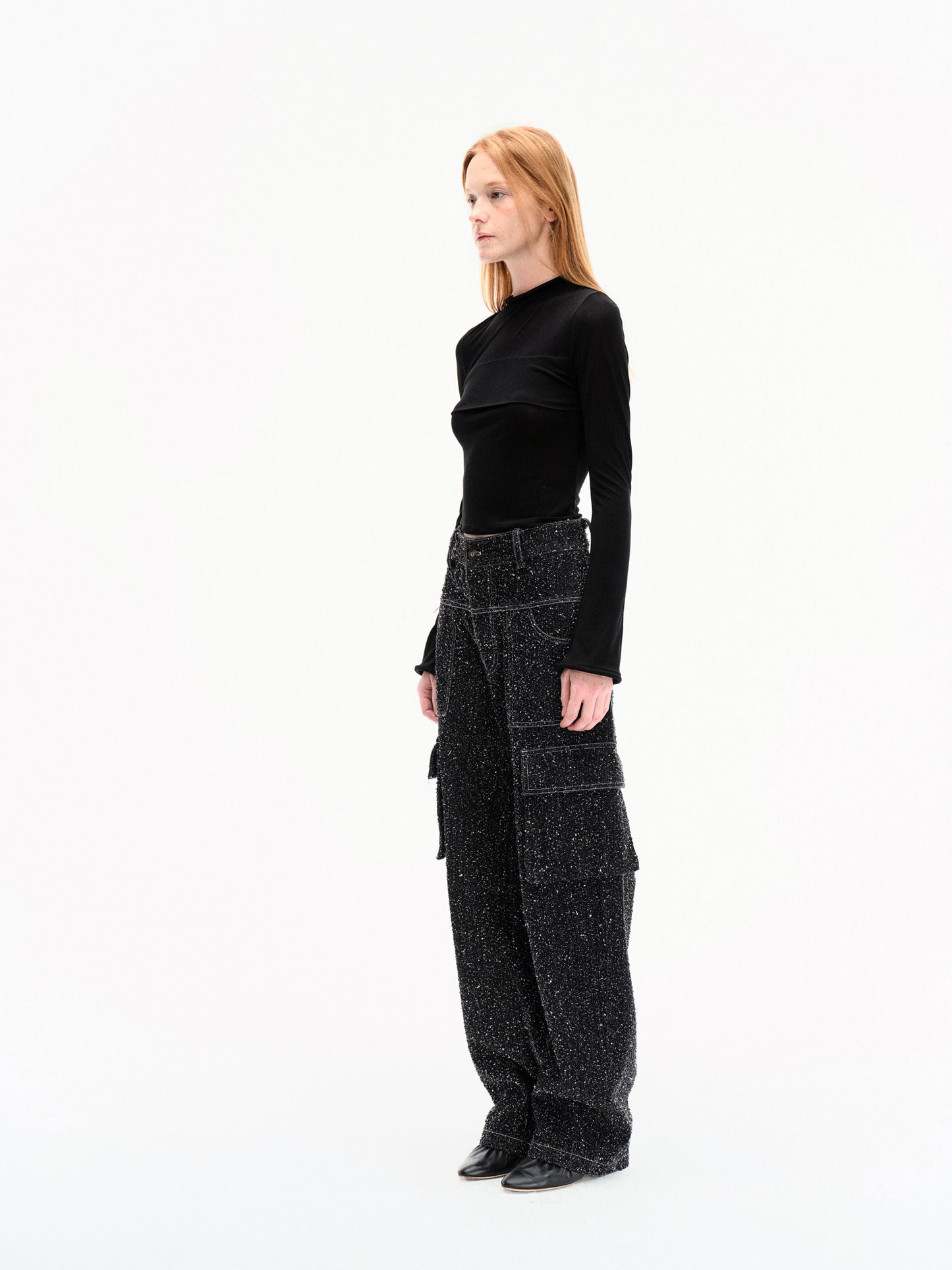 BLACK STRETCH MESH PANEL LONG-SLEEVE TOP