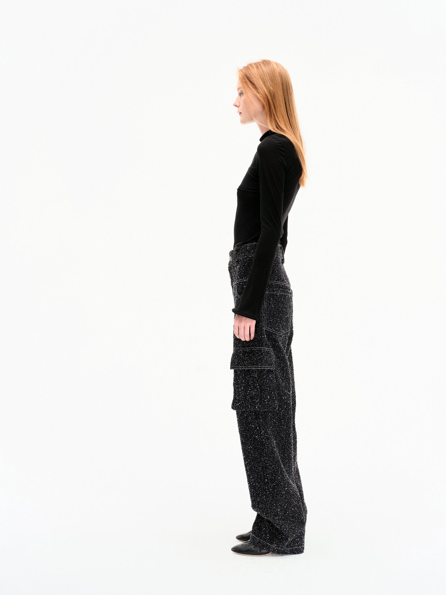 BLACK STRETCH MESH PANEL LONG-SLEEVE TOP