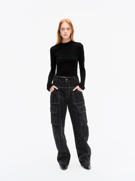 BLACK STRETCH MESH PANEL LONG-SLEEVE TOP