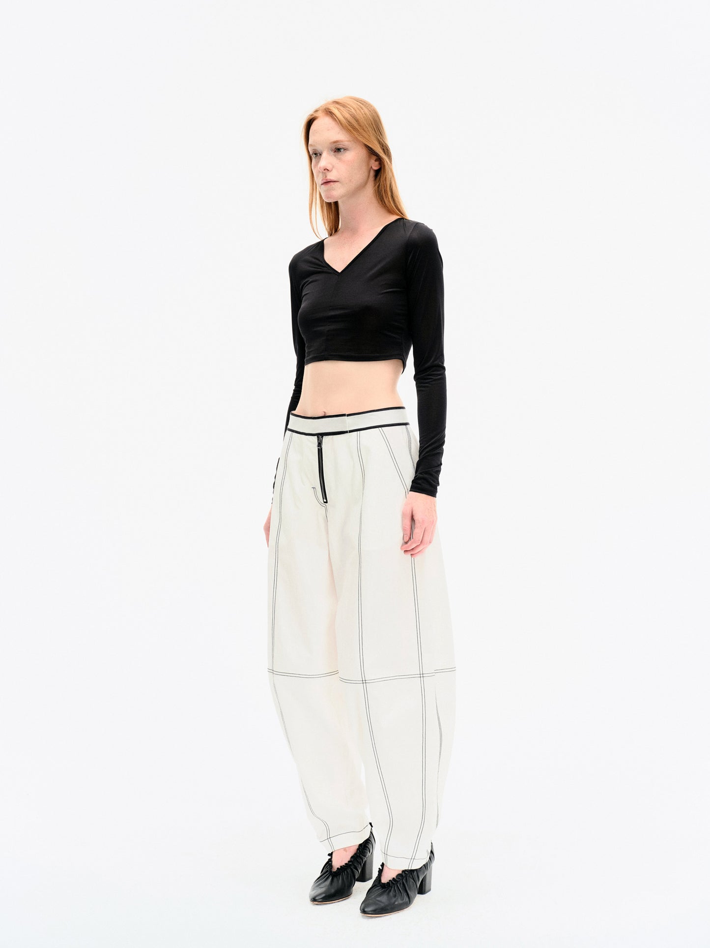 WASHED WHITE COTTON CONTRAST STITCH TROUSERS