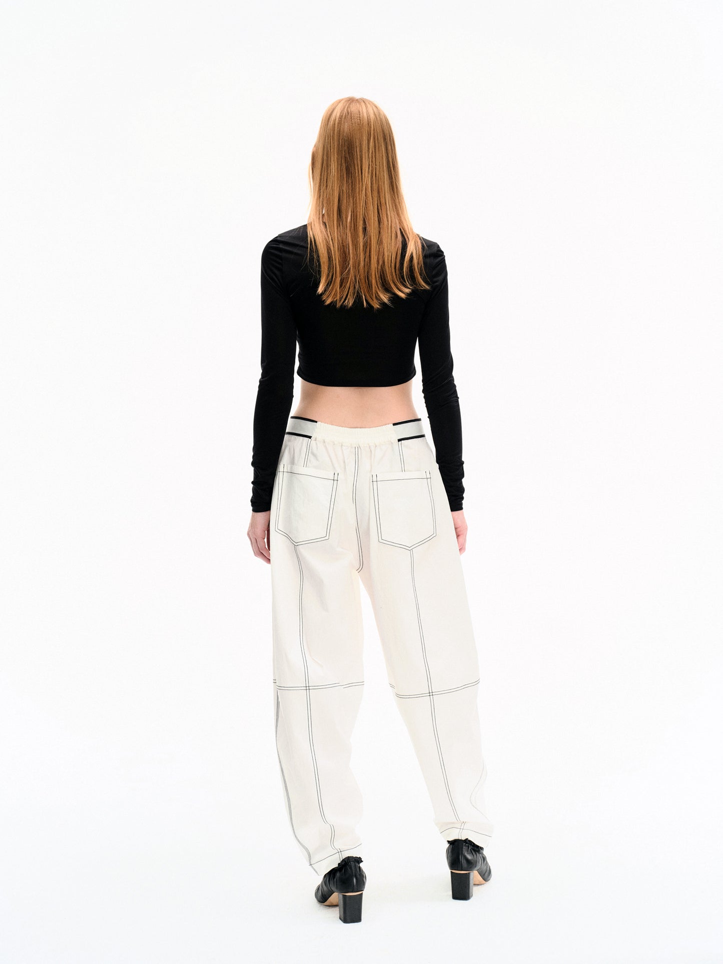 WASHED WHITE COTTON CONTRAST STITCH TROUSERS