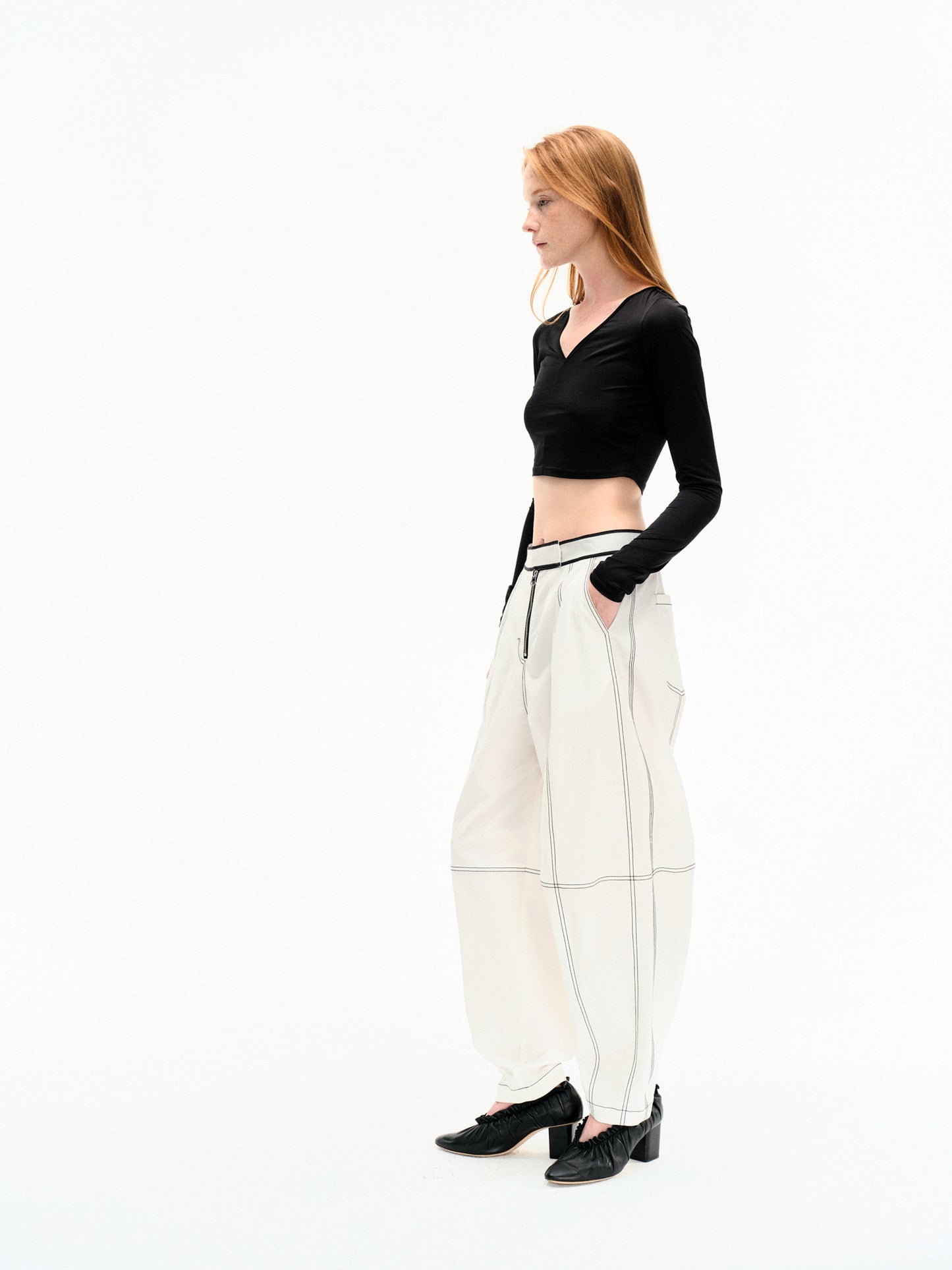 WASHED WHITE COTTON CONTRAST STITCH TROUSERS