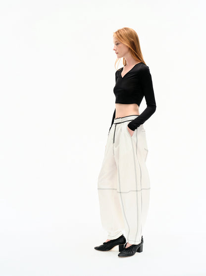 WASHED WHITE COTTON CONTRAST STITCH TROUSERS
