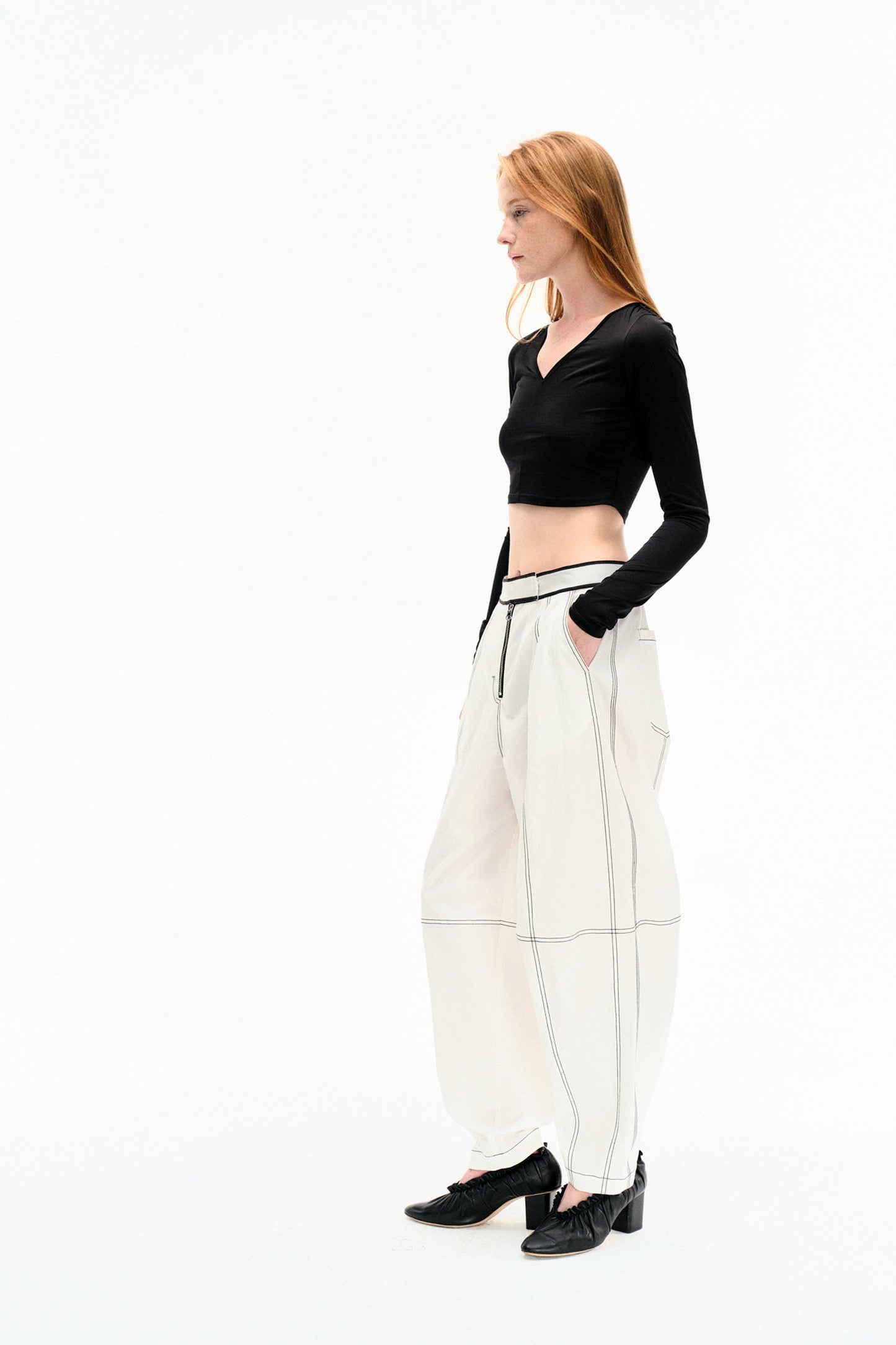 WASHED WHITE COTTON CONTRAST STITCH TROUSERS