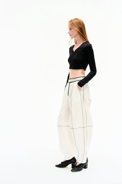 WASHED WHITE COTTON CONTRAST STITCH TROUSERS