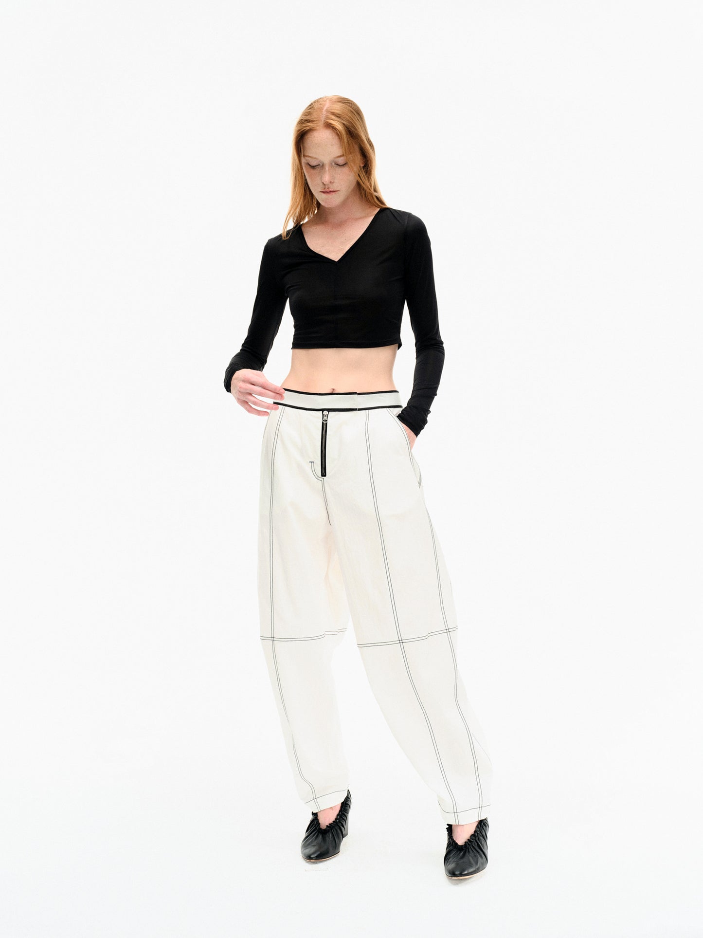 WASHED WHITE COTTON CONTRAST STITCH TROUSERS