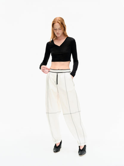 WASHED WHITE COTTON CONTRAST STITCH TROUSERS