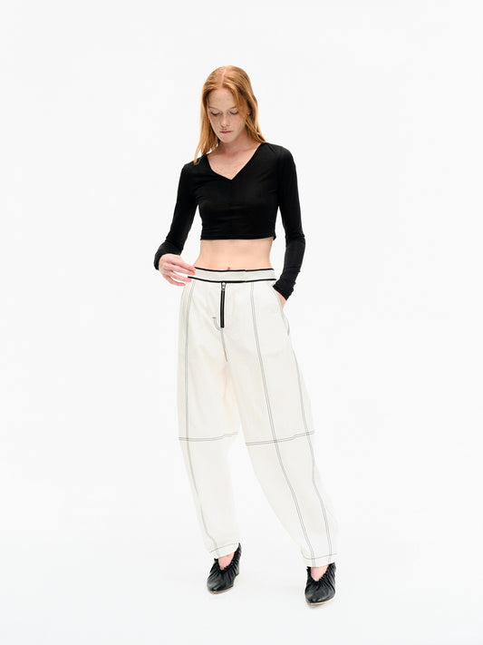 WASHED WHITE COTTON CONTRAST STITCH TROUSERS
