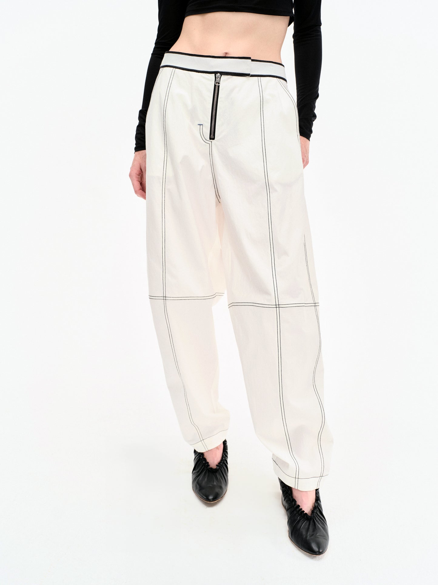 WASHED WHITE COTTON CONTRAST STITCH TROUSERS
