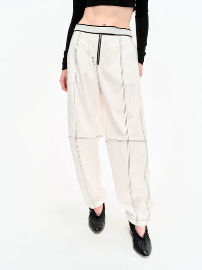 WASHED WHITE COTTON CONTRAST STITCH TROUSERS