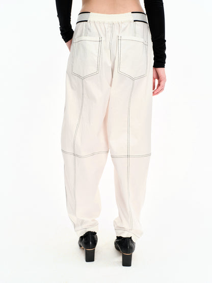 WASHED WHITE COTTON CONTRAST STITCH TROUSERS