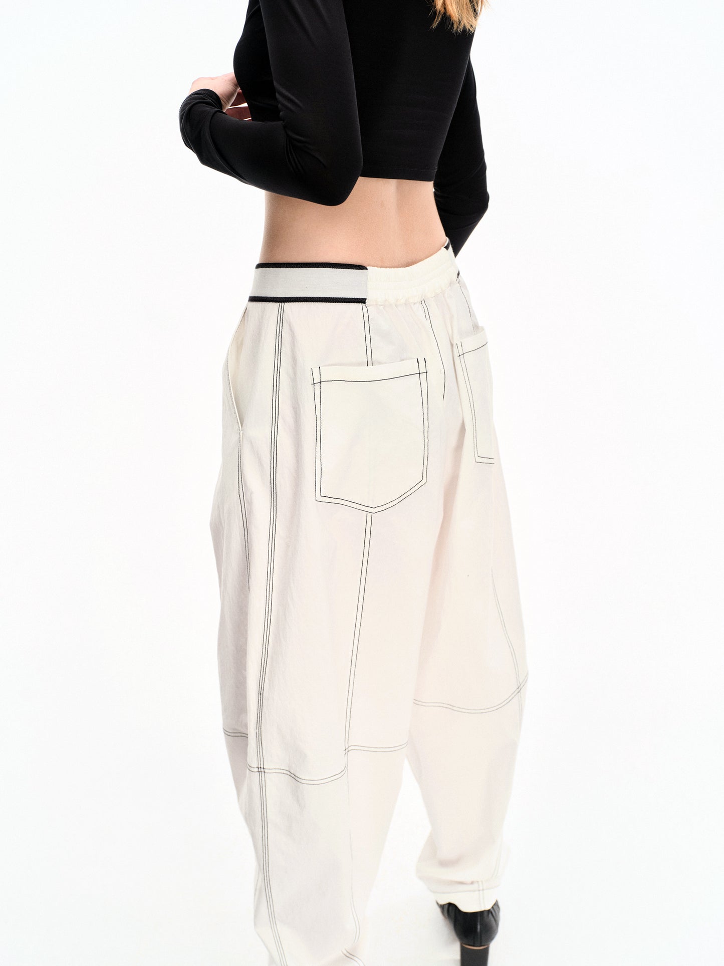 WASHED WHITE COTTON CONTRAST STITCH TROUSERS
