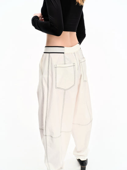WASHED WHITE COTTON CONTRAST STITCH TROUSERS