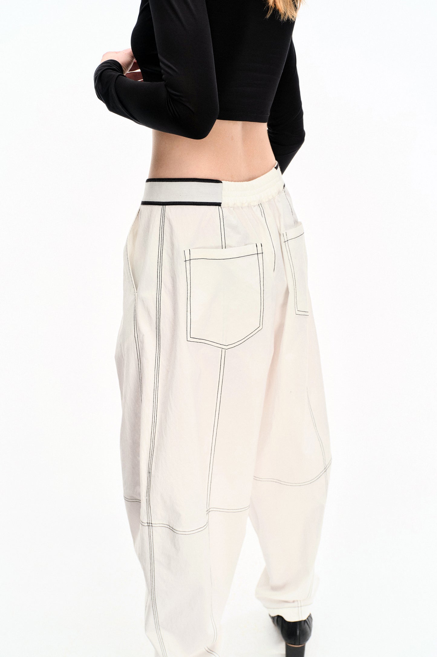 WASHED WHITE COTTON CONTRAST STITCH TROUSERS