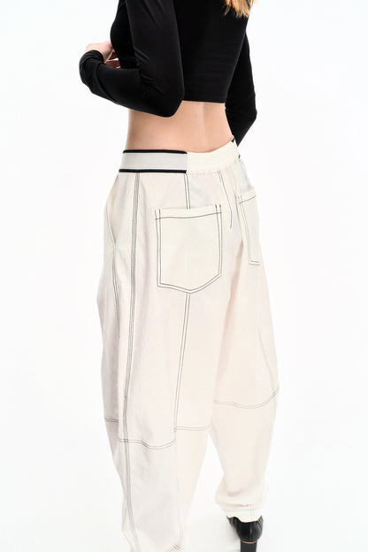 WASHED WHITE COTTON CONTRAST STITCH TROUSERS