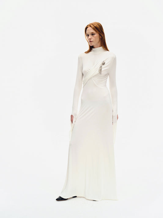 WHITE DRAPED JERSEY MAXI DRESS