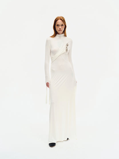 WHITE DRAPED JERSEY MAXI DRESS