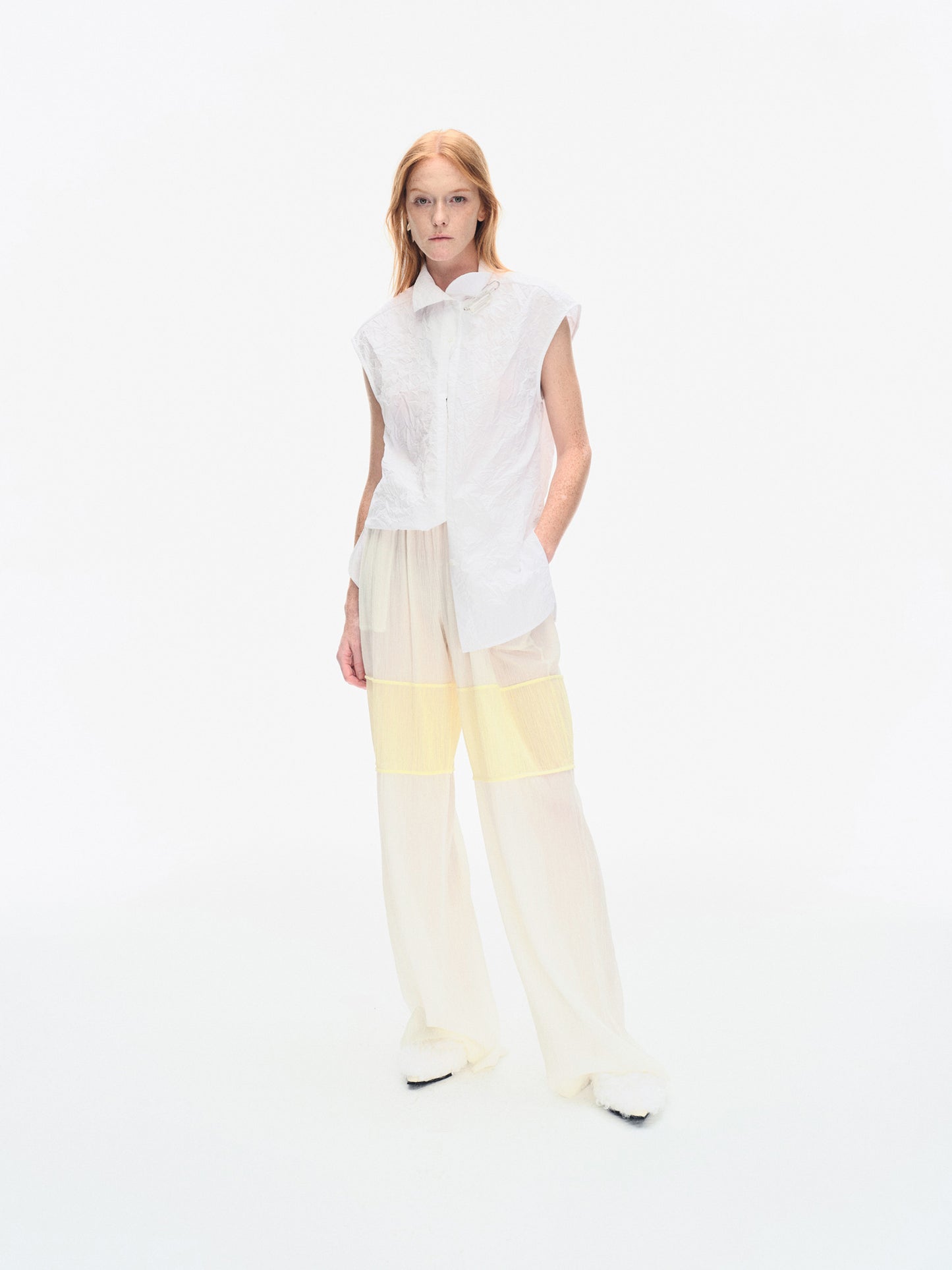 WRINKLED PLEATED COTTON TROUSERS – IVORY/YELLOW