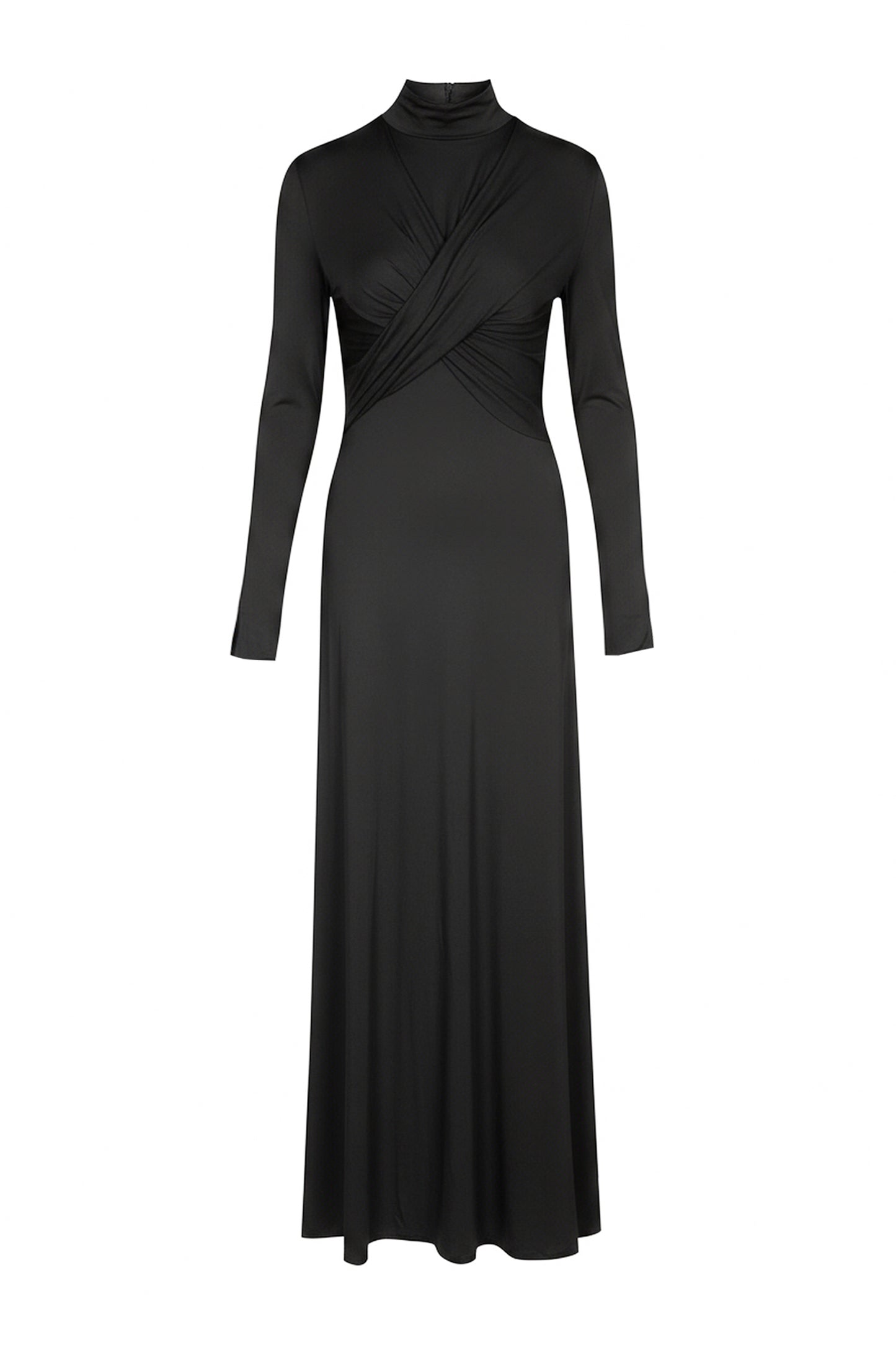 Black long-sleeve jersey dress with a draped design on a white background
