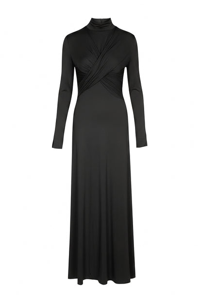 Black long-sleeve jersey dress with a draped design on a white background
