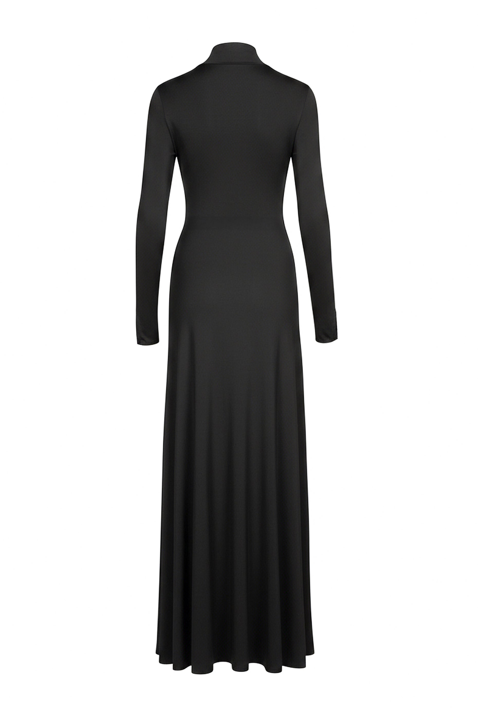 Black long-sleeve jersey gown on a white background