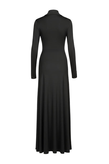 Black long-sleeve jersey gown on a white background