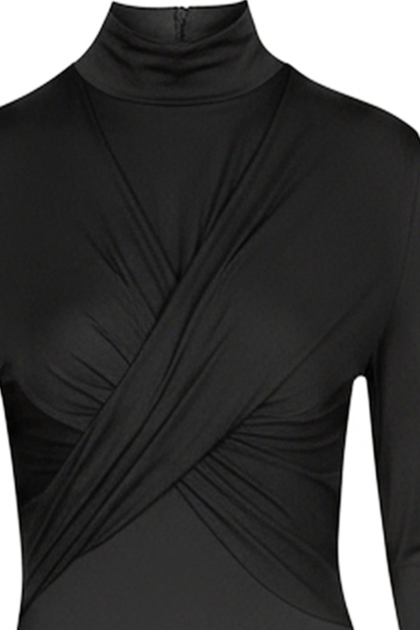 Black long-sleeve jersey dress with a draped design on a white background, made from sustainable fabric 