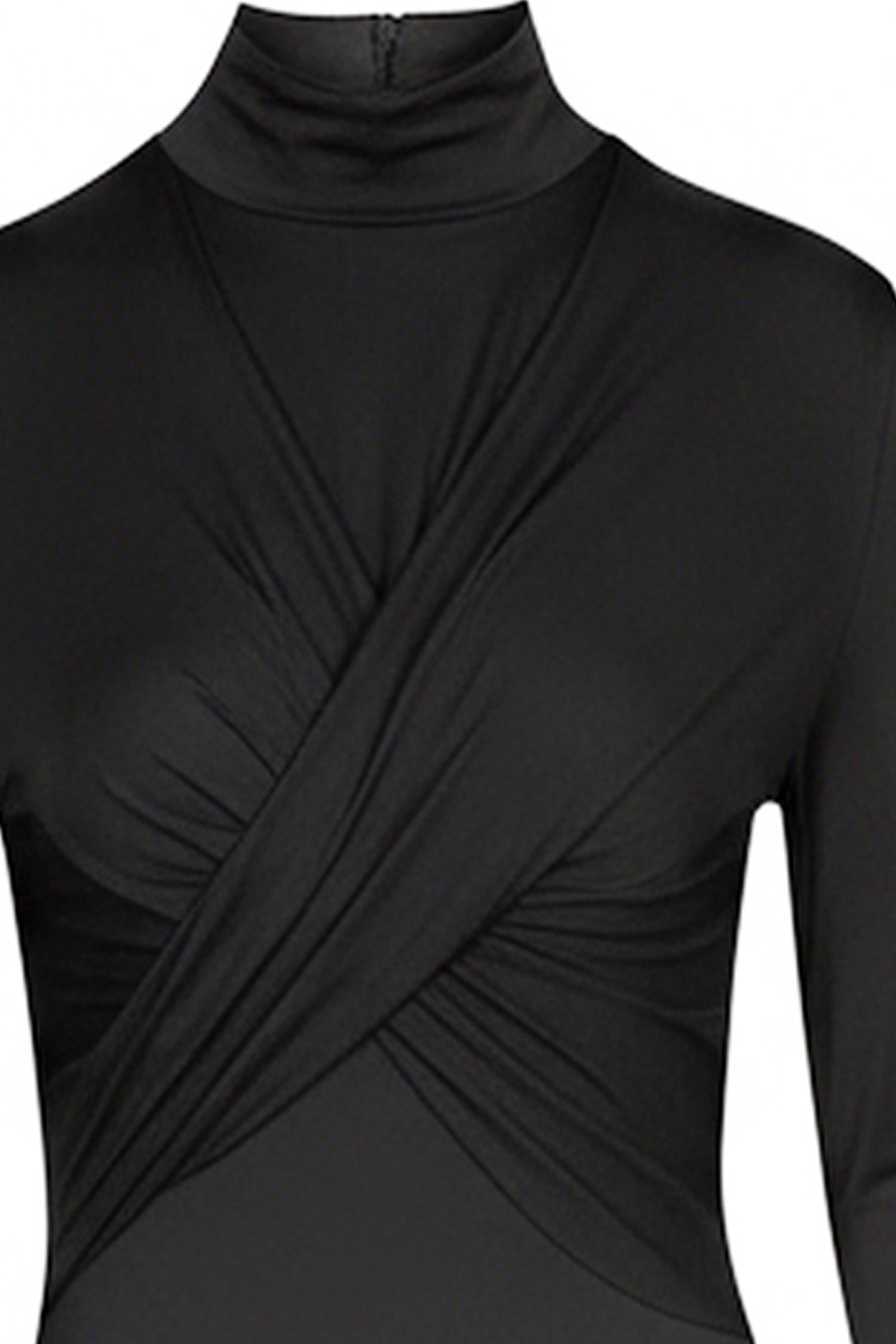 Black long-sleeve jersey dress with a draped design on a white background, made from sustainable fabric 