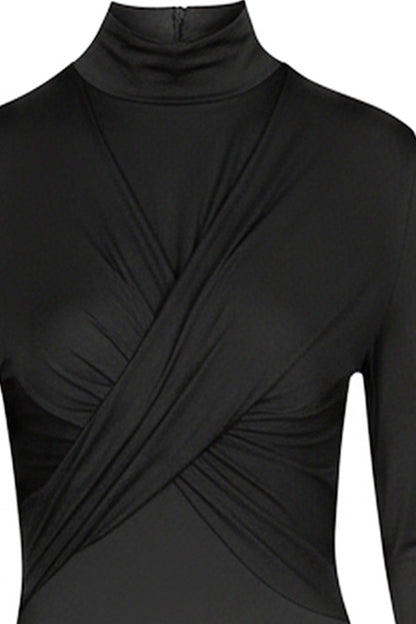 Black long-sleeve jersey dress with a draped design on a white background, made from sustainable fabric 