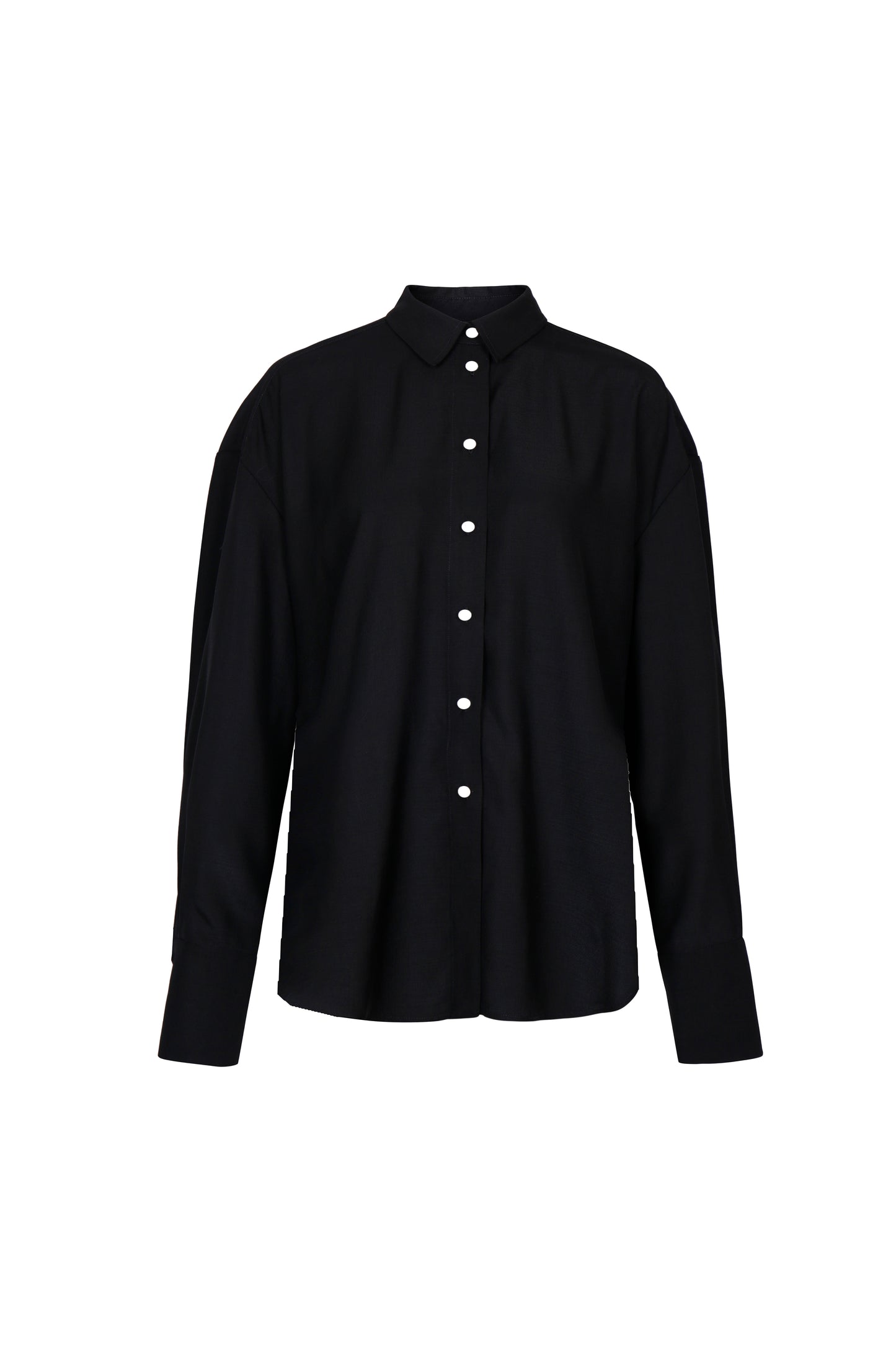 Front view of YIBRI Black Japanese Viscose Button-Up Shirt featuring soft drape, relaxed tailoring and contrast buttons — a quiet luxury wardrobe essential.