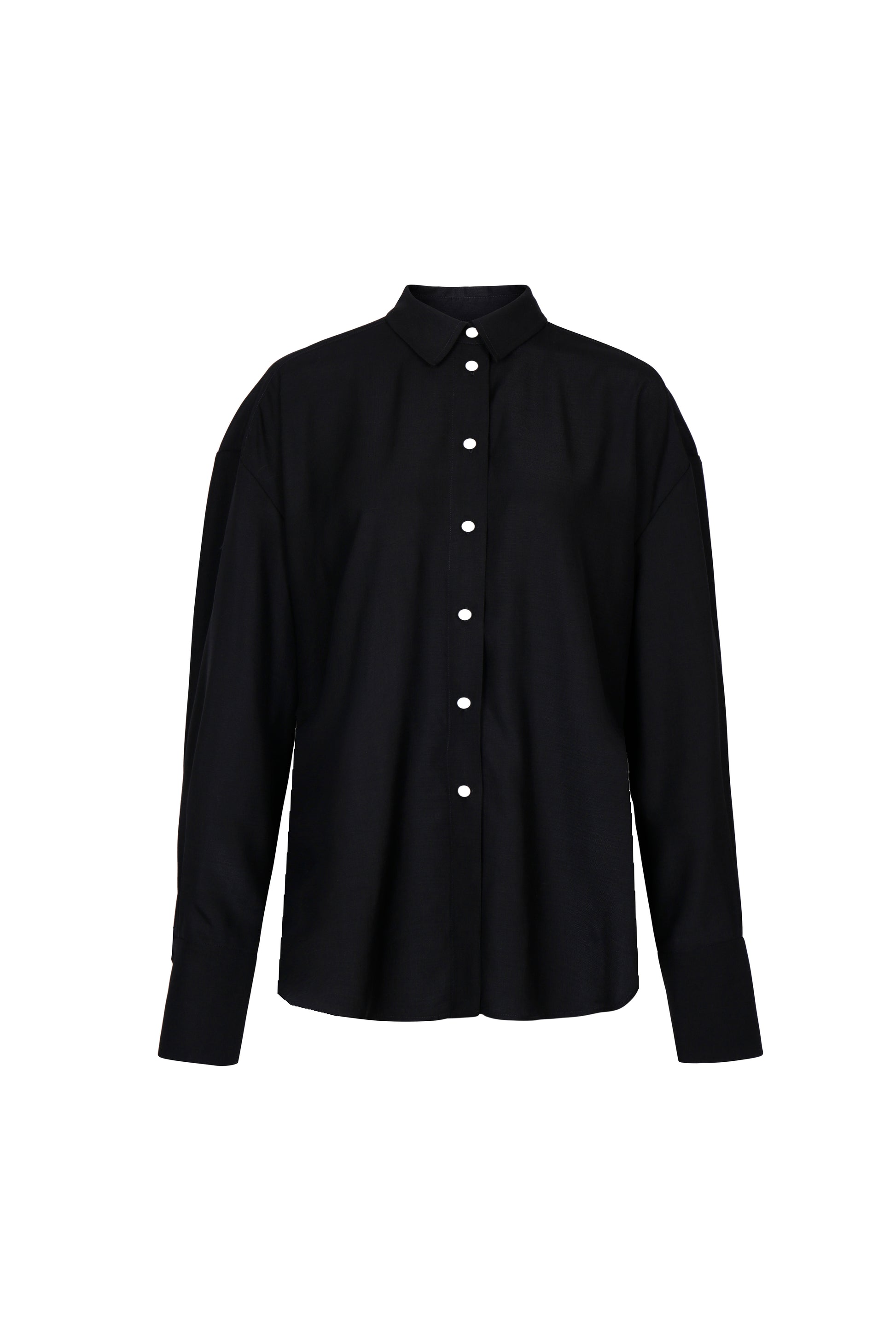 Front view of YIBRI Black Japanese Viscose Button-Up Shirt featuring soft drape, relaxed tailoring and contrast buttons — a quiet luxury wardrobe essential.