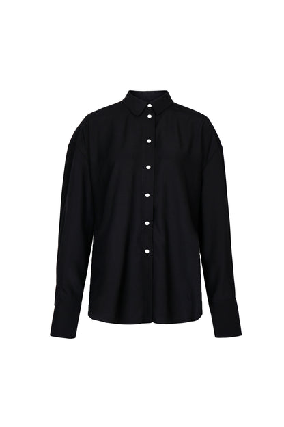 Front view of YIBRI Black Japanese Viscose Button-Up Shirt featuring soft drape, relaxed tailoring and contrast buttons — a quiet luxury wardrobe essential.