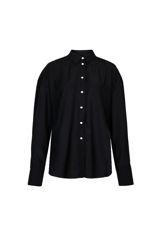 Front view of YIBRI Black Japanese Viscose Button-Up Shirt featuring soft drape, relaxed tailoring and contrast buttons — a quiet luxury wardrobe essential.