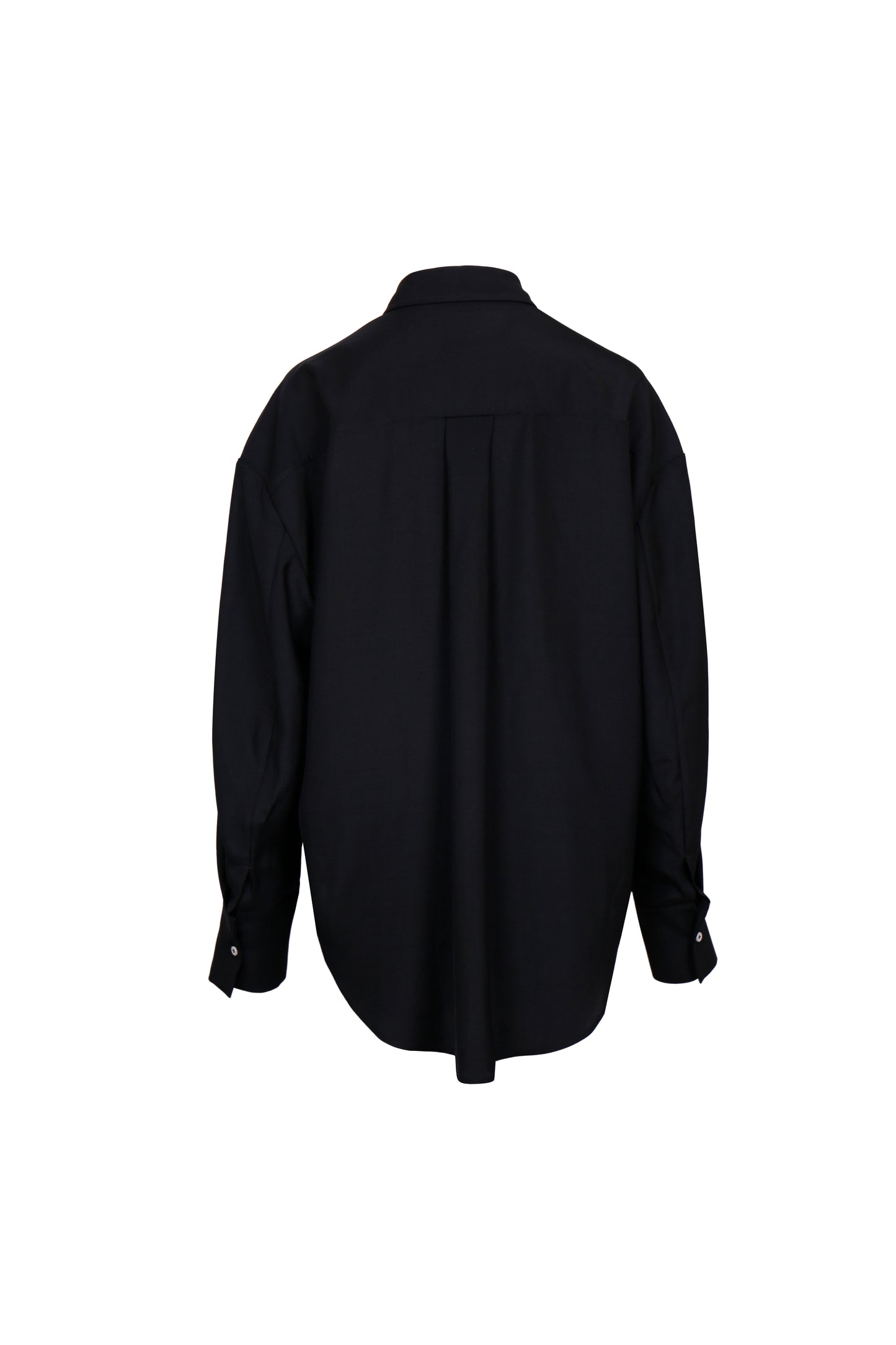 Back view of YIBRI Black Japanese Viscose Button-Up Shirt showing the fluid silhouette and minimal pleat detail.