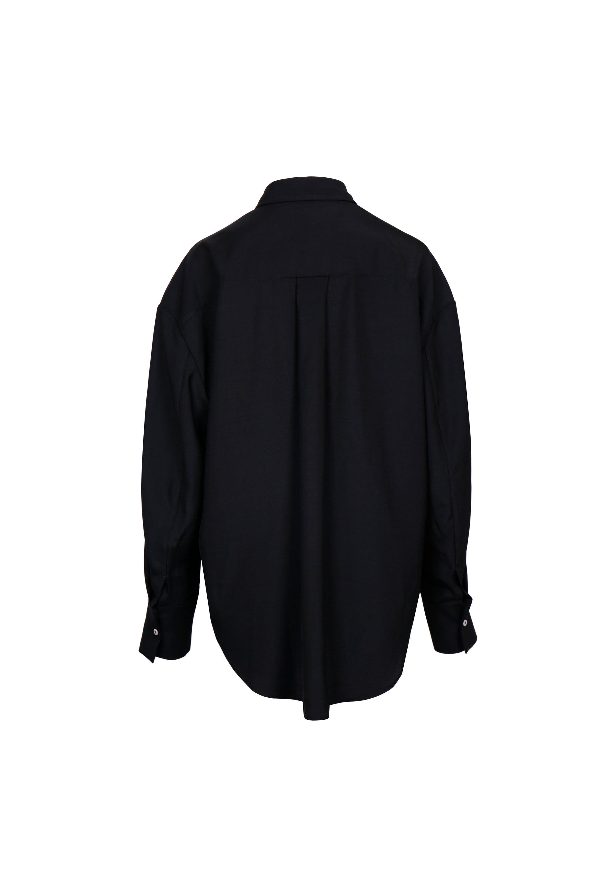 Back view of YIBRI Black Japanese Viscose Button-Up Shirt showing the fluid silhouette and minimal pleat detail.