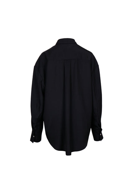 Back view of YIBRI Black Japanese Viscose Button-Up Shirt showing the fluid silhouette and minimal pleat detail.