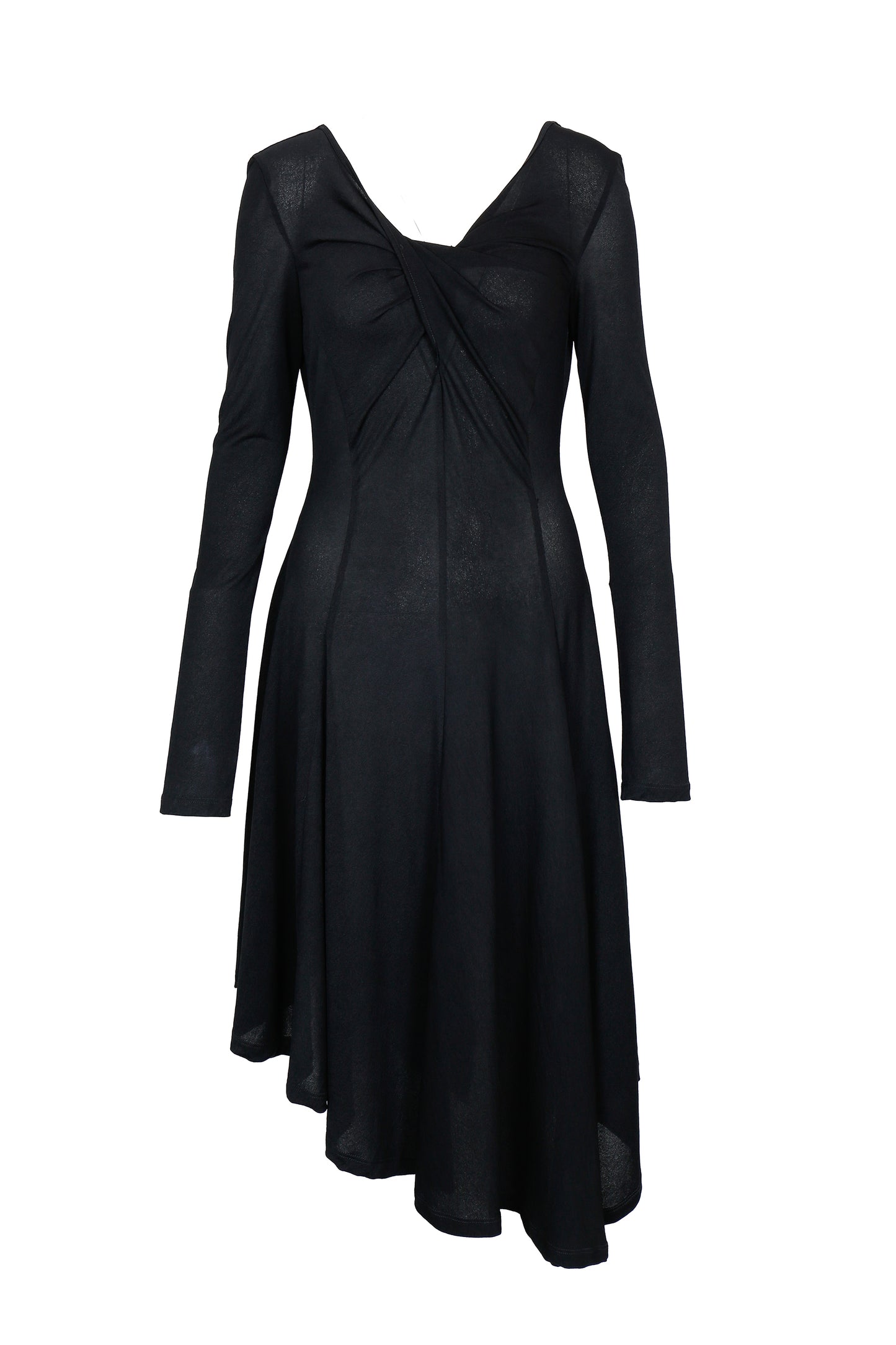 Front view of YIBRI black long sleeve fitted knit dress with twisted front details, asymmetric hem and sculpted silhouette — a quiet luxury designer knit dress.