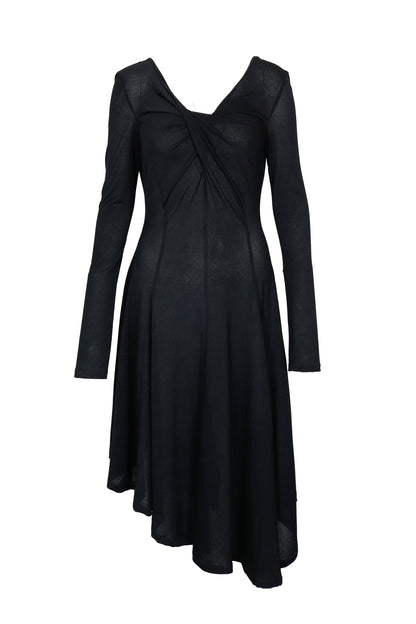 Front view of YIBRI black long sleeve fitted knit dress with twisted front details, asymmetric hem and sculpted silhouette — a quiet luxury designer knit dress.