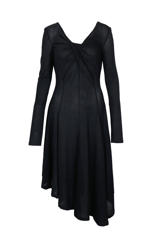 Front view of YIBRI black long sleeve fitted knit dress with twisted front details, asymmetric hem and sculpted silhouette — a quiet luxury designer knit dress.