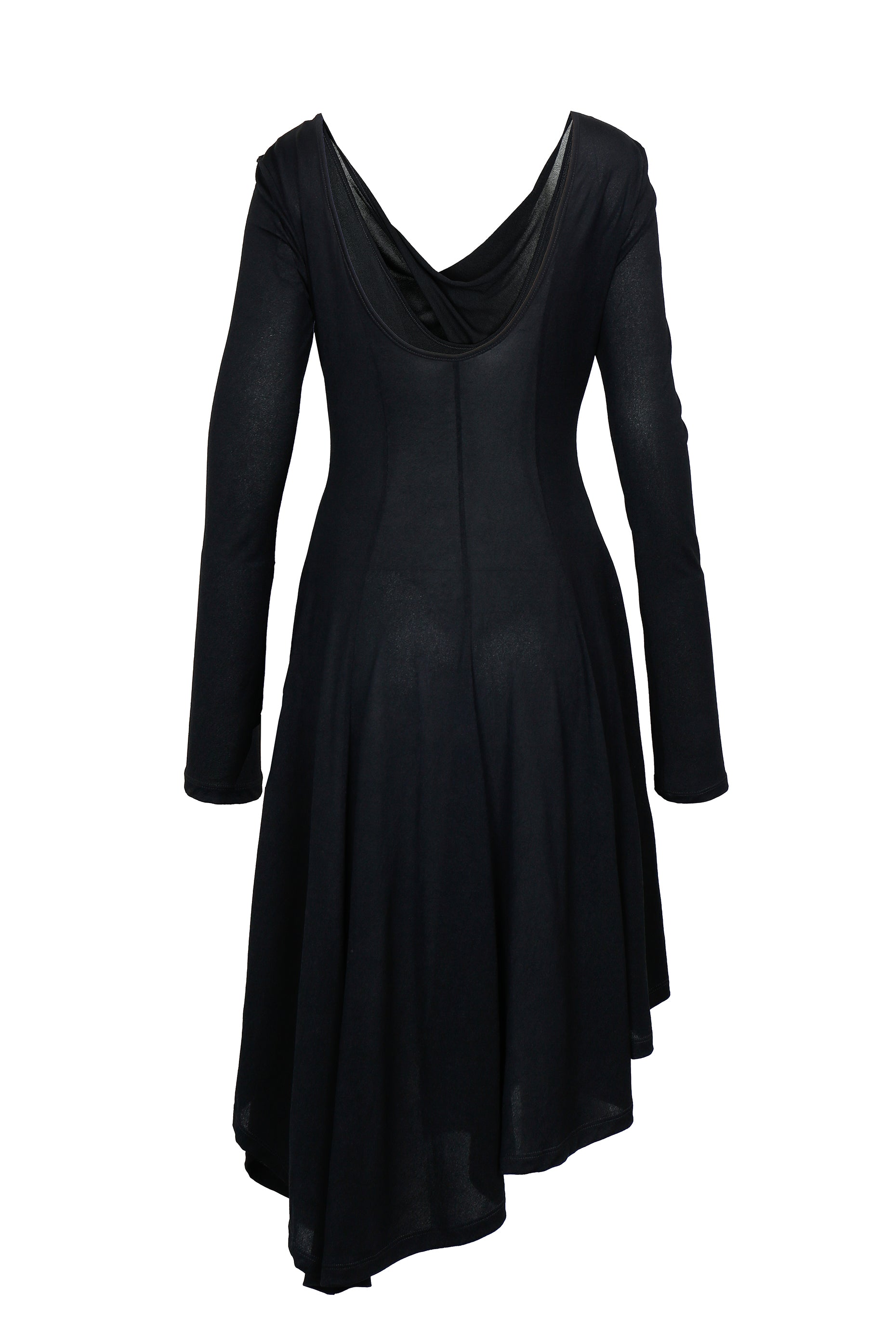 Back view of YIBRI black long sleeve fitted knit dress with draped back and flowing asymmetric skirt — minimalist quiet luxury womenswear.